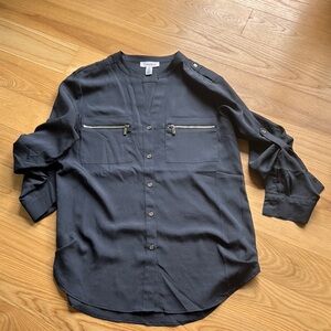 Calvin Klein Black Blouse Size S Zip Pocket Roll Tab Sleeve Work Office Top